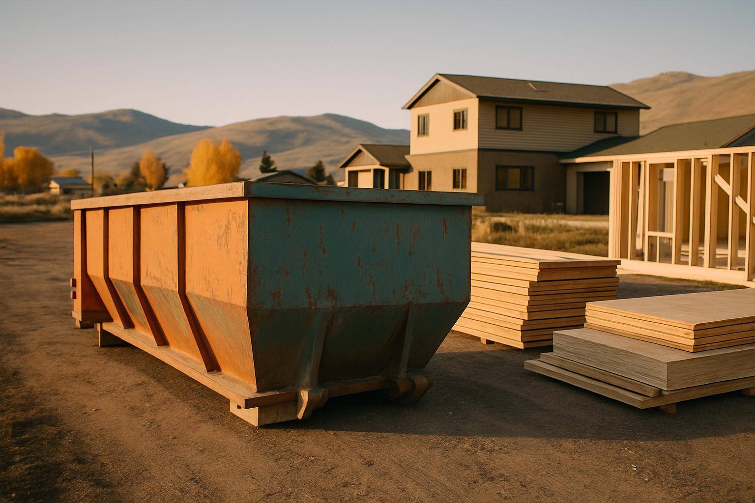 Roll-off dumpster at commercial construction site in Wyoming