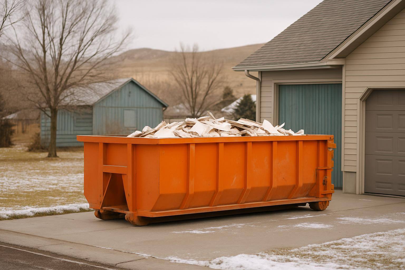 Orange roll-off dumpster beside home renovation driveway in Wyoming