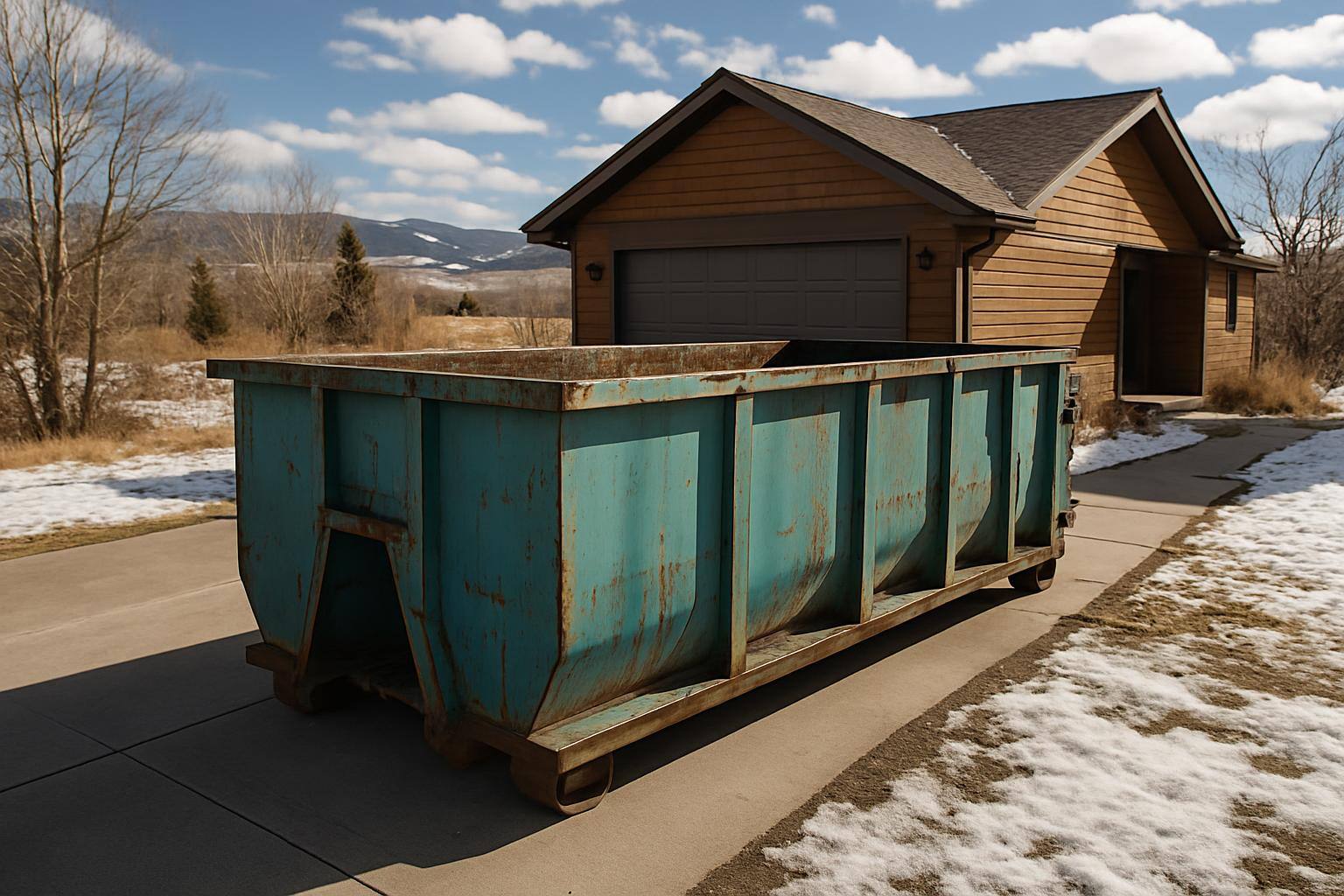 Mid-size roll-off dumpster in front of house in Wright, WY