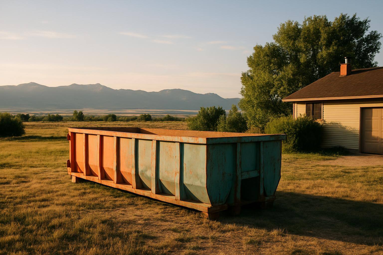 Dumpster beside rural home and open Wyoming landscape in Wyoming